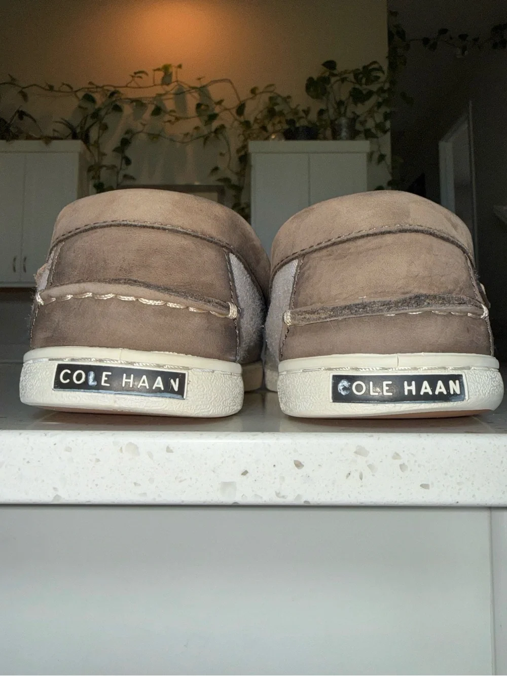 Cole Haan Gray Fabric Slip-On Loafers with Brown Trim